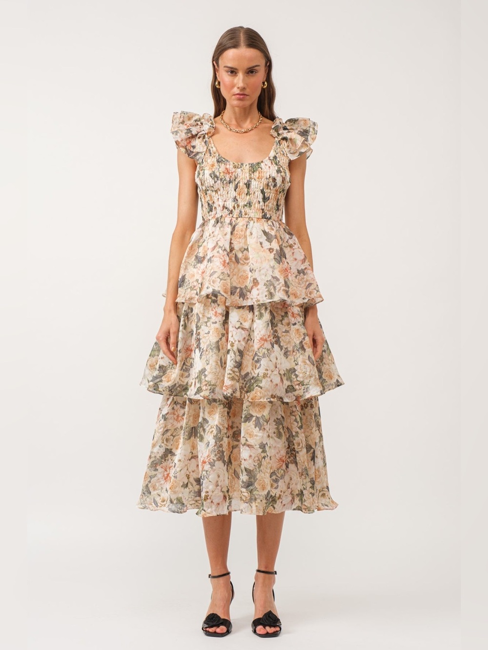 Sophie Forever & Always Organza Midi Dress Med Floral Smocked Tiered Cottagecore - Picture 2 of 14